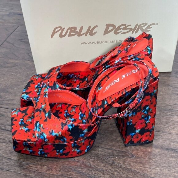 PUBLIC DESIRE Lyle Red Floral Satin Platform Heels Sz 6 UK Sz 4 NIB - Picture 3 of 8